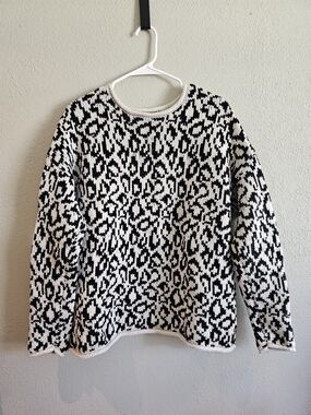 Magaschoni Black and White Cotton Wool Blend Leopard Knit Crewneck Sweater Large